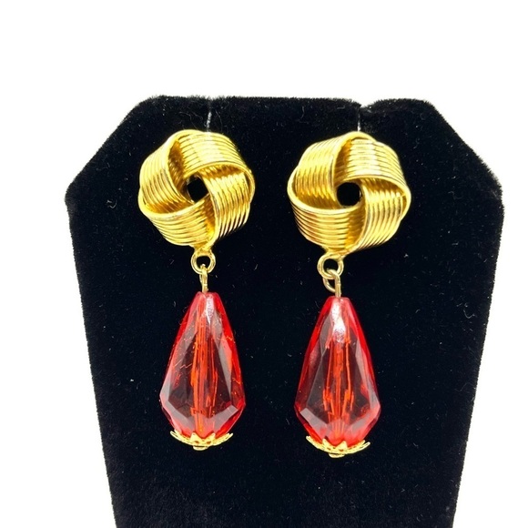 Love Knot Earrings with Red Clear Dangling Beads Gold Tone Earrings ❤️ - Picture 6 of 10